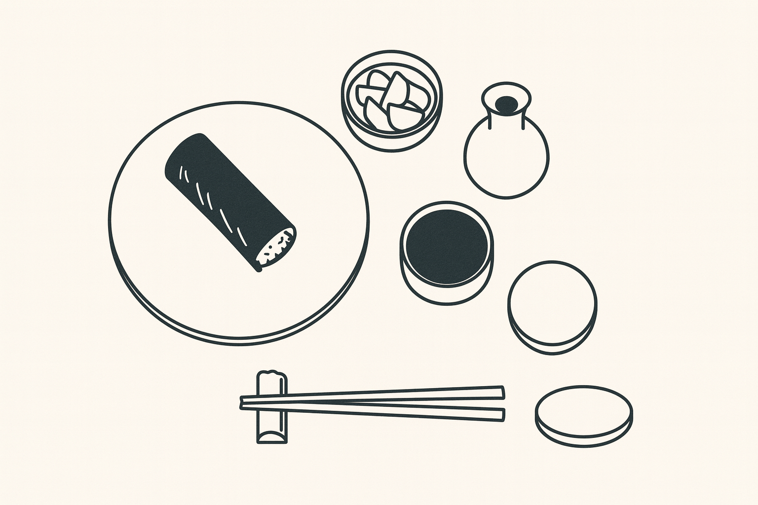 Minimalist Japanese line-art illustration representing Yasumi hand rolls